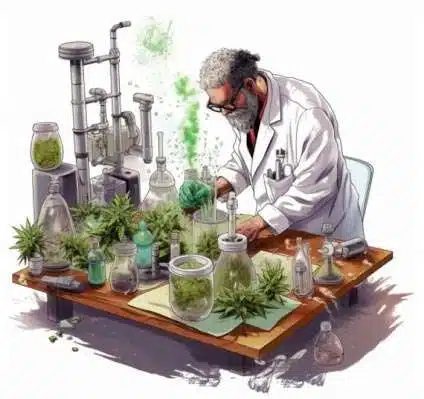drawing of cbd dispensary researcher studying cannabis
